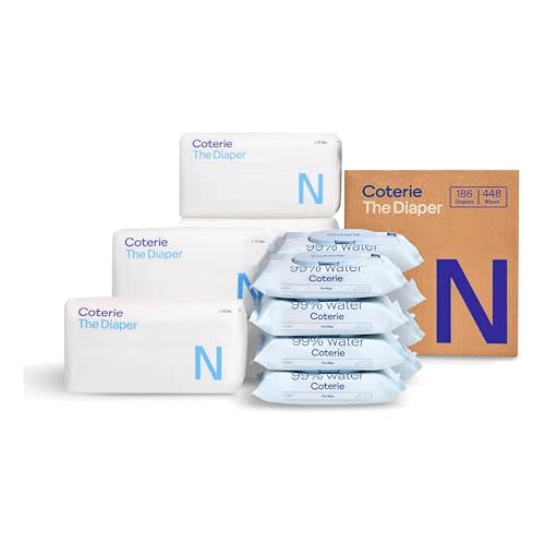 Coterie Baby Wipes + Diapers Kit, Size Newborn Diapers (186 Count) & 8 Pack (448 Count) Baby Wipes with 99% Water, Plant Based Materials, Hypoallergenic for Sensitive Skin, Baby Essentials
