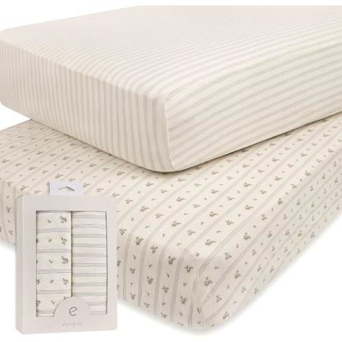 Ely's & Co. Crib Sheets, Baby Boy Fitted Crib Mattress Sheet Set, 2 Pack, 100% Jersey Knit Cotton, Infant and Toddler Nursery Bedding, 28” x 52” Blue Linear Berry Leaf Collection