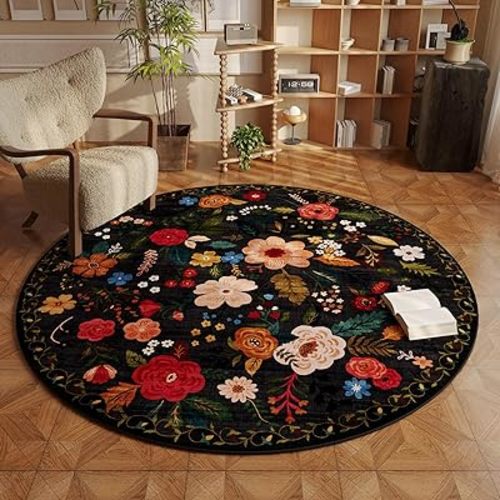 Rugcomf Round Rug 6ft Washable Circle Rug Non Slip Low Pile Boho Floral Small Circular Rug for Bedroom, Bathroom, Entryway, Kids Room, Office, College Dorm(Black)