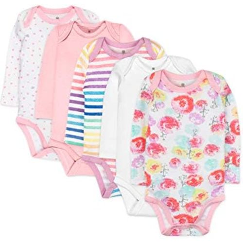 HonestBaby baby-girls 5-pack Long Sleeve Bodysuits One Piece 100% Organic Cotton for Infant Baby Girls
