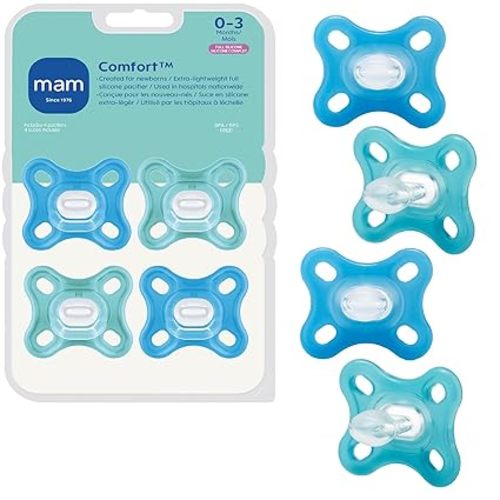MAM Comfort Baby Pacifier 0-3 Months, Specially for Smaller Newborn Mouths, Lightweight One-Piece BPA-Free Silicone,Easy to Clean, Best for Breastfed Babies, 4 Pk, Made in Europe