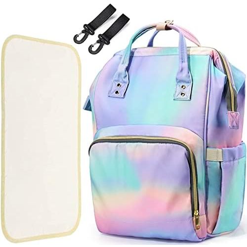 LIMHOO 3 in 1 Diaper Bag Backpack, Multifunction Large Baby Bags with Changing Pad & Stroller Straps, Waterproof Nappy Bag for Mom Baby Care (Rainbow)