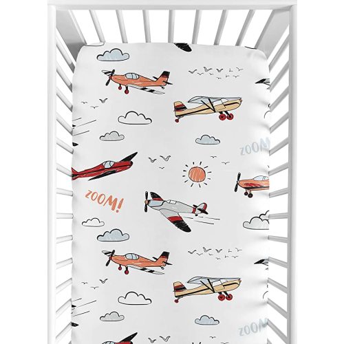 Sweet Jojo Designs Fitted Baby Crib Sheets (Vintage Airplane) for Boys, Infant Nursery, Toddler Room - Standard Size (Airplanes, Plane, Transportation, Aviator, Clouds, Sun, Red, Yellow, Slate Blue)