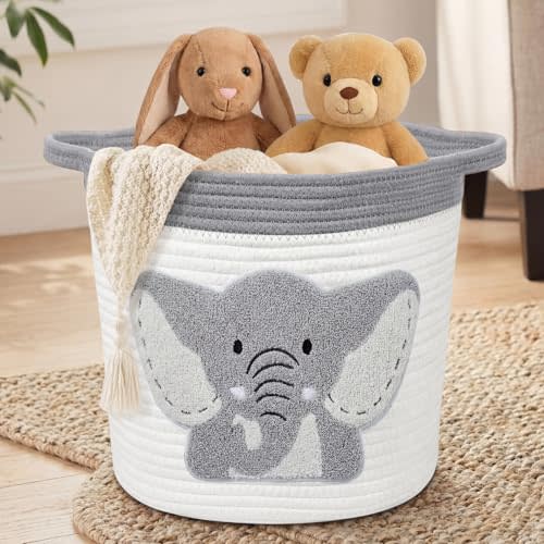 Leinuosen Large Cotton Rope Baby Basket for Nursery 15"x12" Laundry Basket with Handle Cute Elephant Jungle Animal Foldable Roomy Storage Organizer for Diaper Caddy Newborn Essentials