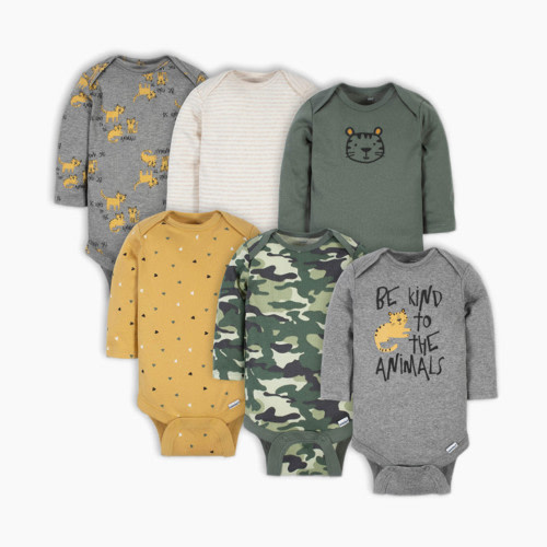 Gerber Long Sleeve Printed Onesies Bodysuits (6 Pack) - Camo Tiger, 0-3 M