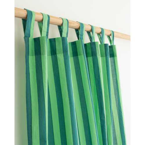 Green Striped Cotton Curtain Panel, Tab Top, Farmhouse Boho Drapes