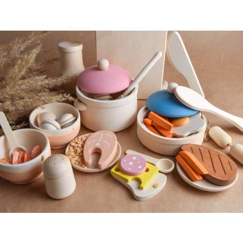 Wooden Food Toys Set 35 pc. for Montessori Play Kitchen Accessories Toddlers Tableware Dishes Best Handmade Gift for Children Boys and Girls