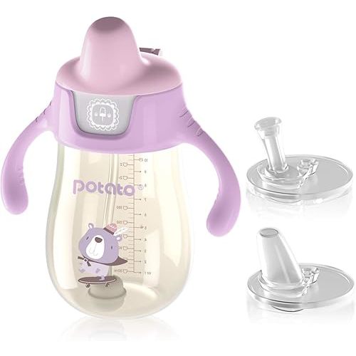 POTATO Sippy Cups For Toddlers with Straw Spill Proof, PPSU Learner Cup with Handle for Girl, Water Bottle for Baby 12 Months with 2 Type of Spout, 10 Ounce Pink