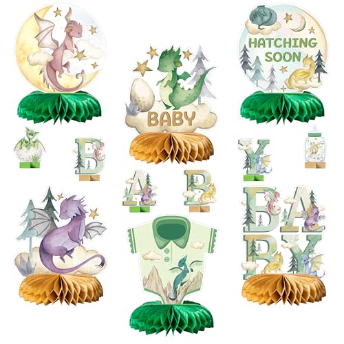 ANGOLIO 12Pcs Watercolor Dragon Letter Sign Party Honeycomb Table Centerpiece Dragon Fairy Hatching Soon Party For Baby Boys Girls Birthday Theme Party Baby Shower Table Decor Photo Props