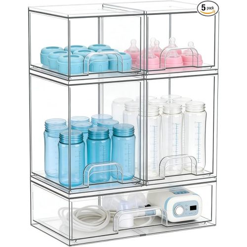 Baby Bottle Organizer, Large Capacity Stackable Acrylic Storage with Non-Slip Pads, for Baby Bottles, Pump Parts, Kitchen Countertop, Pantry, Vanity, 5-Piece