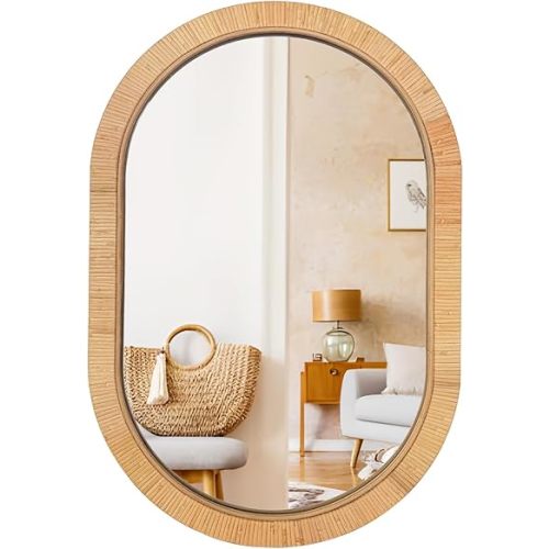 Oval Rattan Mirror 20x30 for Wall, Boho Decorative Mirror for Bathroom Vanity, Farmhouse & Natural Home Decor for Bedroom, Living Room