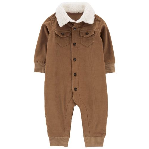Baby Button-Front Corduroy Jumpsuit with Sherpa Collar