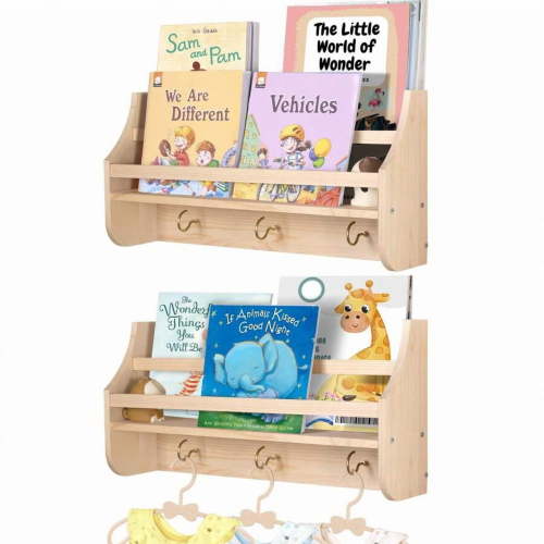 2PC Nursery Book Shelves,Set Of 2 Floating Wall Mounted Bookshelf, Natural Wood Book Shelf For Kids Room Baby Boys Girls Bedroom Living Room