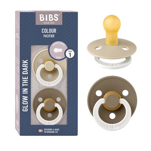 BIBS Pacifiers Colour Collection | Natural Rubber Baby Pacifier | Set of 2 BPA-Free Soothers | Made in Denmark | 0+ Months (Pack of 2) | Vanilla Night/Dark Oak Night