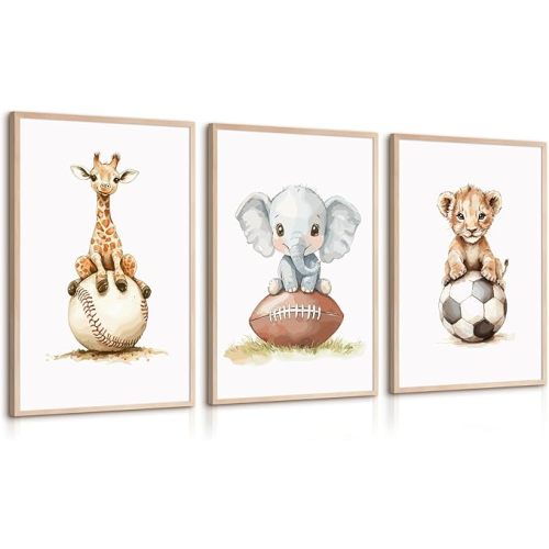 Sports Nursery Wall Art Baby Boys Room Canvas Pictures Safari Animal Wall Decor Jungle Nursery Prints Kids Poster Cute Painting Football Soccer Baseball Artwork for Bedroom 12x16x3 Inch Unframed