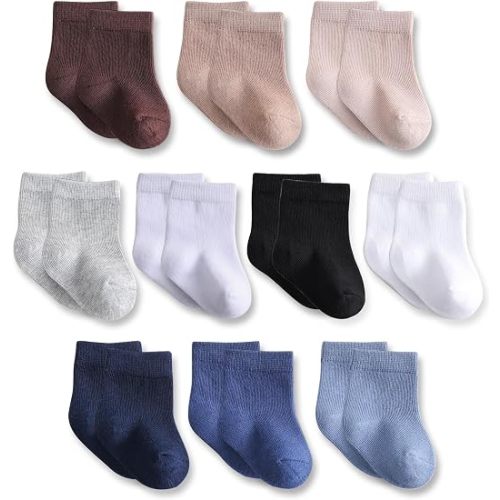 Baby Crew Socks, Cotton Rich Newborn Fit 0–3/3–6/6–12 Months, Black White Gray 10 Pack for Girls & Boys