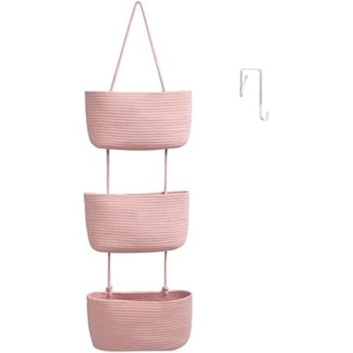 TeoKJ 3-Tier Wall hanging Storage Bags, Over the Door Organizer, Decorative Cotton Rope Hanging Baskets, Pink