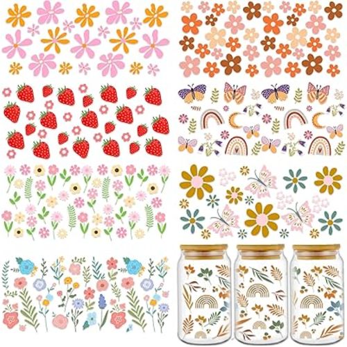 UV DTF Cup Wrap - 8 Sheets Flower UV DTF Cup Wraps for 16 oz Daisy Strawberry Butterfly Uvdtf Cup Wraps Waterproof Boho Floral Personalized UV DTF Wraps for Glass Cups Wood Crafts