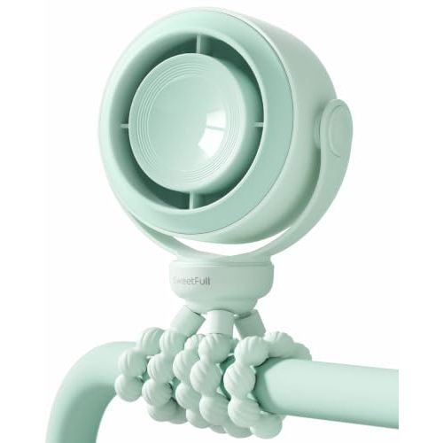 SWEETFULL Portable Stroller Fan, Pinch-Proof Baby Fan - Green | Wide Turbine Airflow; Safe Design; LED Display; 5-Speed; 30dB Quiet; USB-C Rechargeable; Mini Clip On Fan for Car Seat & Bed
