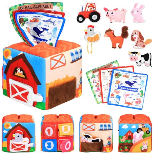 Baby Tissue Box Toy Farm Crink Plush,Whats Inside Box Montessori Toys with Rattle,Crinkle,Mirror for Babies 6 9 12 18 Months Early Developmental Infant Sensory Learning Toys Newborn Gifts