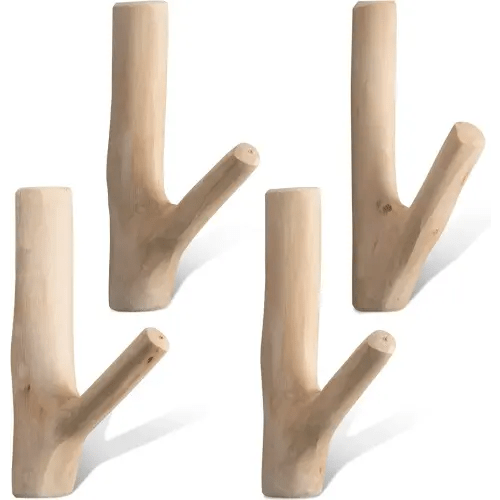 Jetec 4 Pieces Tree Branch Wood Wall Hook Set Rustic Towel Hook Decorative Wood Adhesive Coat Rack Wall Mount Woodland Nursery Decor Strong Suction Hanger for Coat Key Holder Hanging (White)