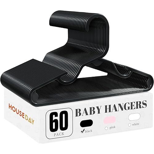 HOUSE DAY Plastic Baby Hangers for Closet 60 Pack, Durable Plastic Kids Hangers for Baby Clothes, Thin & Compact Childrens Hangers, Space Saving Black Baby Hanger, Small Hanger for Kids Clothes