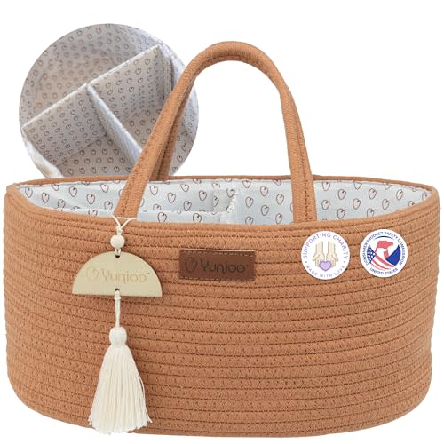 Yunioo Diaper Caddy Organizer, Boho Diaper Bag Tote for Changing Table Necessities and Baby Essentials Must Haves for Newborn, Car Caddy Organizer, Portable Storage Basket for Boy or Girl, Brick