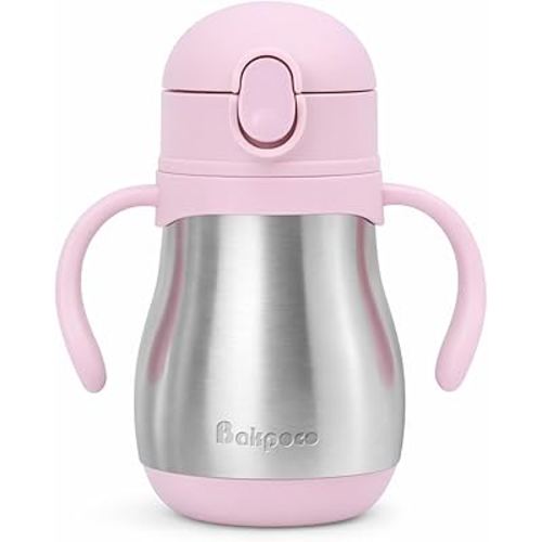 Stainless Steel Sippy Straw Cup for Toddlers 1-3 Years Old, Insulated Toddler Water Bottle Baby Training Tumbler with Handles, 8oz Kids Straw Cups for Travel, Daycare & At Home, Pink