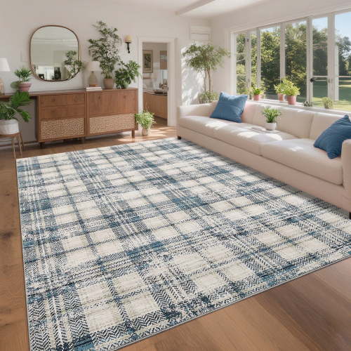 Garvee Washable Rug 5x7 Modern Plaid Area Rug, Non Slip Stain Resistant Rug Geometric Carpet for Living Room Bedroom Home Office, Blue