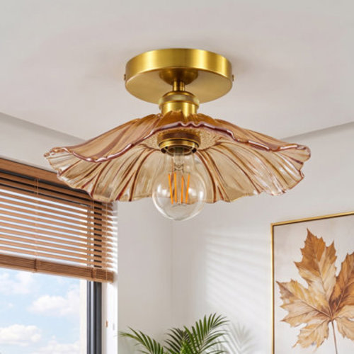 August Grove® 11.42" Dimmable Semi Flush Mount Ceiling Light with Lotus Leaf Floral Glass Shade | Wayfair