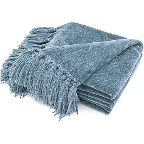 RECYCO Throw Blanket Soft Cozy Chenille Throw Blanket with Fringe Tassel for Couch Sofa Chair Bed Living Room Gift (Dusty Blue, 50'' x 60'')