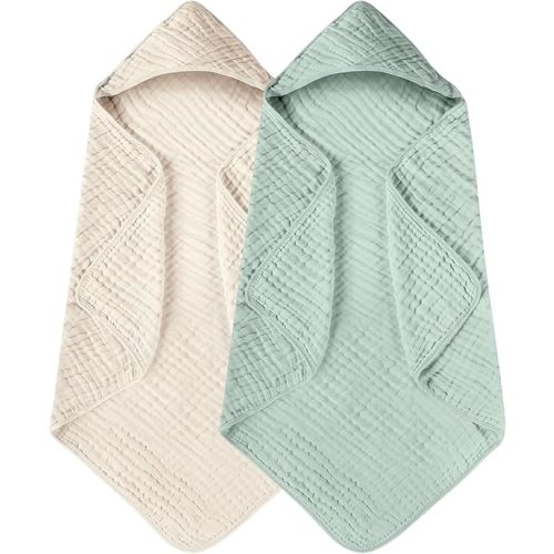 Yoofoss Hooded Baby Towels for Newborn 2 Pack 100% Muslin Organic Cotton Baby Bath Towel with Hood for Babies, Infant, Toddler and Kids, 32x32Inch, Soft and Absorbent Newborn Essential,Apricot&Green