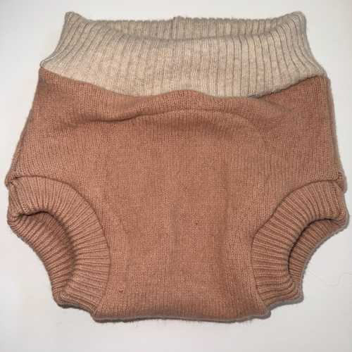 Medium 6-18M 15-22 lb Repurposed Pure Wool Baby Diaper Cover w/ Liner - Ivory & Tan