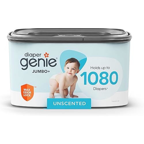 The Diaper Genie Jumbo+ Square Refill, with continuous film, can hold up to 1080 newborn-sized diapers per refill.