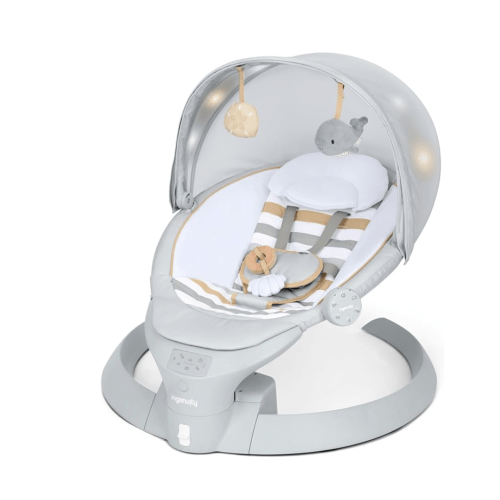 Ingenuity InLighten Baby Swing, 3-in-1 Bounce, Sway & Stationary Seat, Bluetooth Music, Light-Up Canopy, Remote Control, Vibrations, 5-Point Harness, Pebble Shore