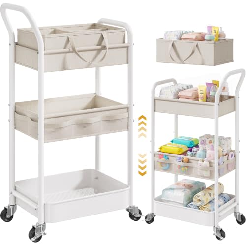 2-IN-1 Baby Diaper Caddy Cart with Adjustable Shelf and Detachable Dividers | 3 Tier Metal Bedside Carts for Baby Essentials, Rolling Postpartum Storage Cart Oragnizer on Wheels for Nursery, Off-White