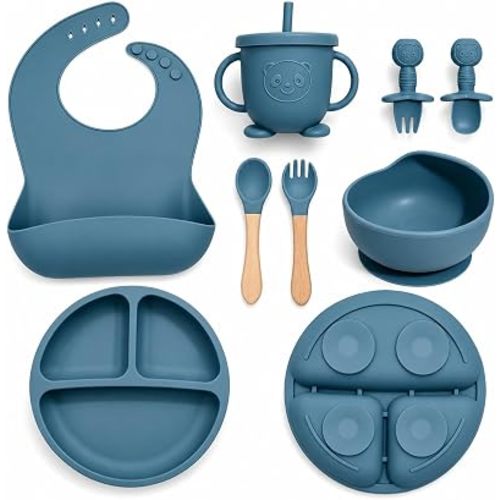 Silicone Baby Feeding Utensils Set for 6+ Months, 8 Pcs, Blue