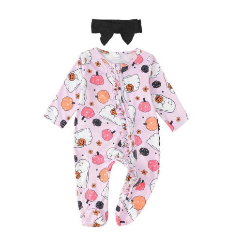 Weebloom Baby Halloween Pumpkin Outfit Autumn Cute 100 Days Pumpkin Print Long Sleeve Zipper Footed Coverall For 0-6 Months Jumpsuits Romper 0-3 Months