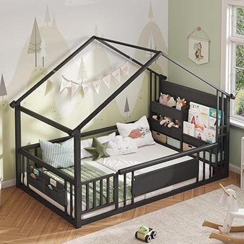 DICTAC Twin Montessori Floor Bed with Storage Bookshelf and Wood Slats Twin Size House Floor Bed for Toddlers with Safety Guardrail,Openings and Side Pockets Toddler Floor Beds with Storage,Black