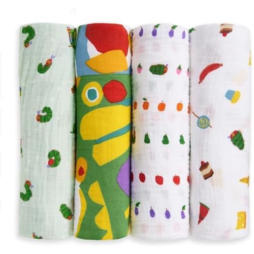 aden + anais Essentials Cotton Muslin Swaddle, Breathable Baby Blanket, Ideal for Newborns, Babies & Infants, Receiving Blanket, Soft and Lightweight Wrap, 4 Pack, Very Hungry Caterpillar