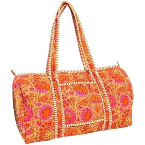Large Orange Pink Cotton Quilted Duffle Bags Block Print Gifts Handmade Colorful Travel Night Travel Gym Yoga Luggage Pocket 18X9X9 inches