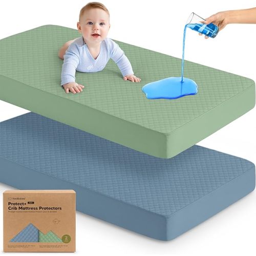 2-Pack Waterproof Crib Mattress Protector Cover Fitted - Quiet Baby Crib Mattress Pad Sheets, 52" x 28" Soft Quilted Cotton Baby Sheet, Machine Washable, Easy Fit, Durable (Soft White/Mavy)