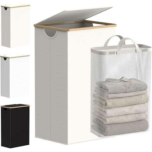 efluky Laundry Basket with Lid and Removable Bag, 100L Tall Laundry Hamper with Bamboo Handles, Aesthetic Dirty Clothes Bin for Laundry Room, Bathroom, Bedroom and Dorm, Beige