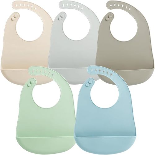 PandaEar 5 Pack Waterproof Silicone Baby Bibs| Super Thin Light Weight Feeding Bib with Food Catcher Pocket for Toddler (Cream/Gray/Taupe/Green/Blue)