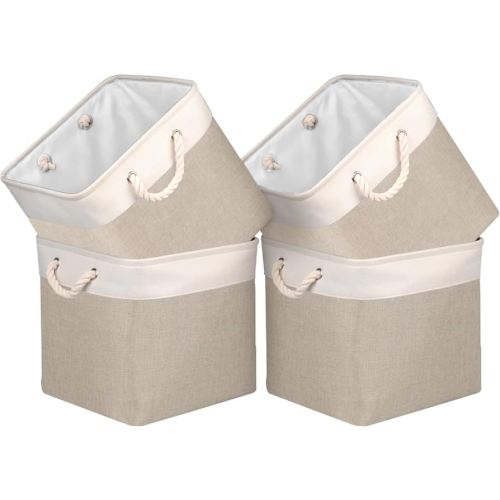 Fabric Storage Cubes 12 inch Cube Storage Bins with Rope Handles, Storage Baskets Cubes Organizer for Home Shelf Closet (White&Beige Brown , 4-Pack)
