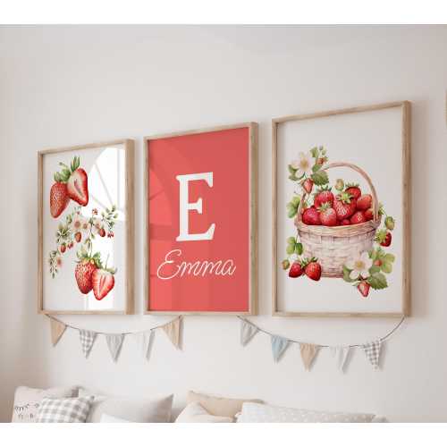 Custom Strawberry Prints, Set of 3 Fruits Nursery Wall Art, Boho Berry, Baby Girl Nursery Decor, Watercolor Flowers, Personalized Name Sign