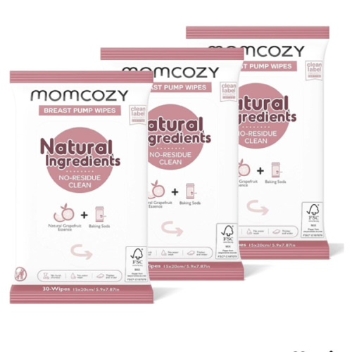 Momcozy Natural Breast Pump Wipes for Pump Parts Cleaning On-the-go, 30 Count (Pack of 3), Flash Clean & Resealable Pump Wipes