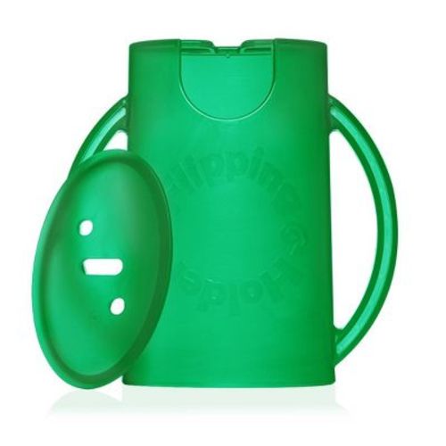 Flipping Holder Food Pouch Holder No Squeeze, flips over to hold drink boxes and juice pouches, easy grip handles and lid (Green)