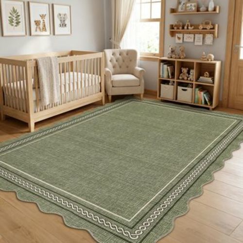 Scalloped Washable Solid Green Rug - 5x7 Non Slip Low Pile Carpet for Living Room, Bedroom, Playroom, Nursery