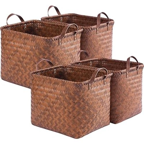 13x15x13 Woven Laundry Basket Hamper, Storage Basket for Clothes Blankets, 4-Pack Wicker Bin for Closet Shelves Bedroom Bathroom, Brown